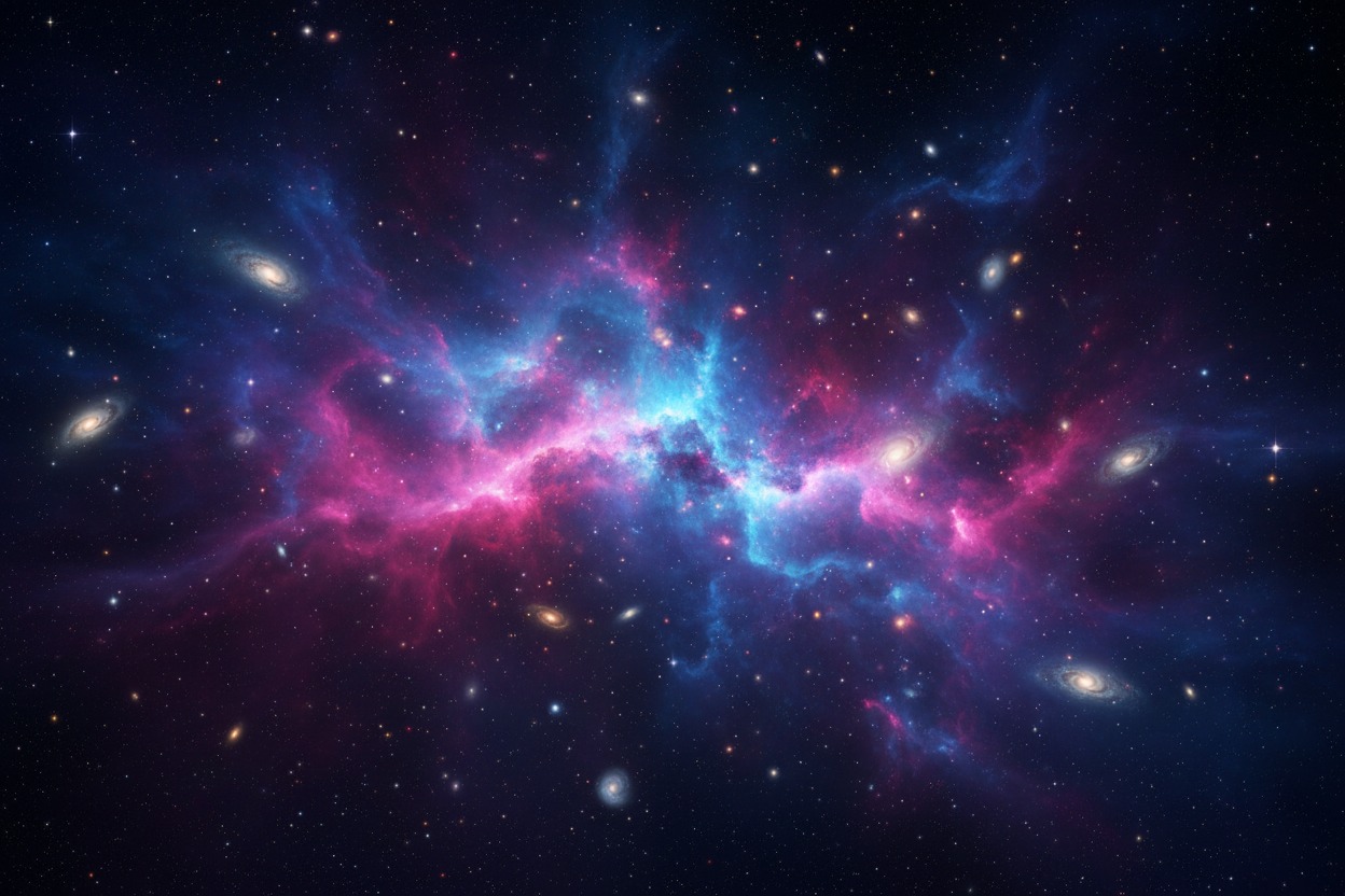 Ein weites Weltall mit leuchtenden blauen und pinken Nebeln, Sternen und mehreren sichtbaren Galaxien.